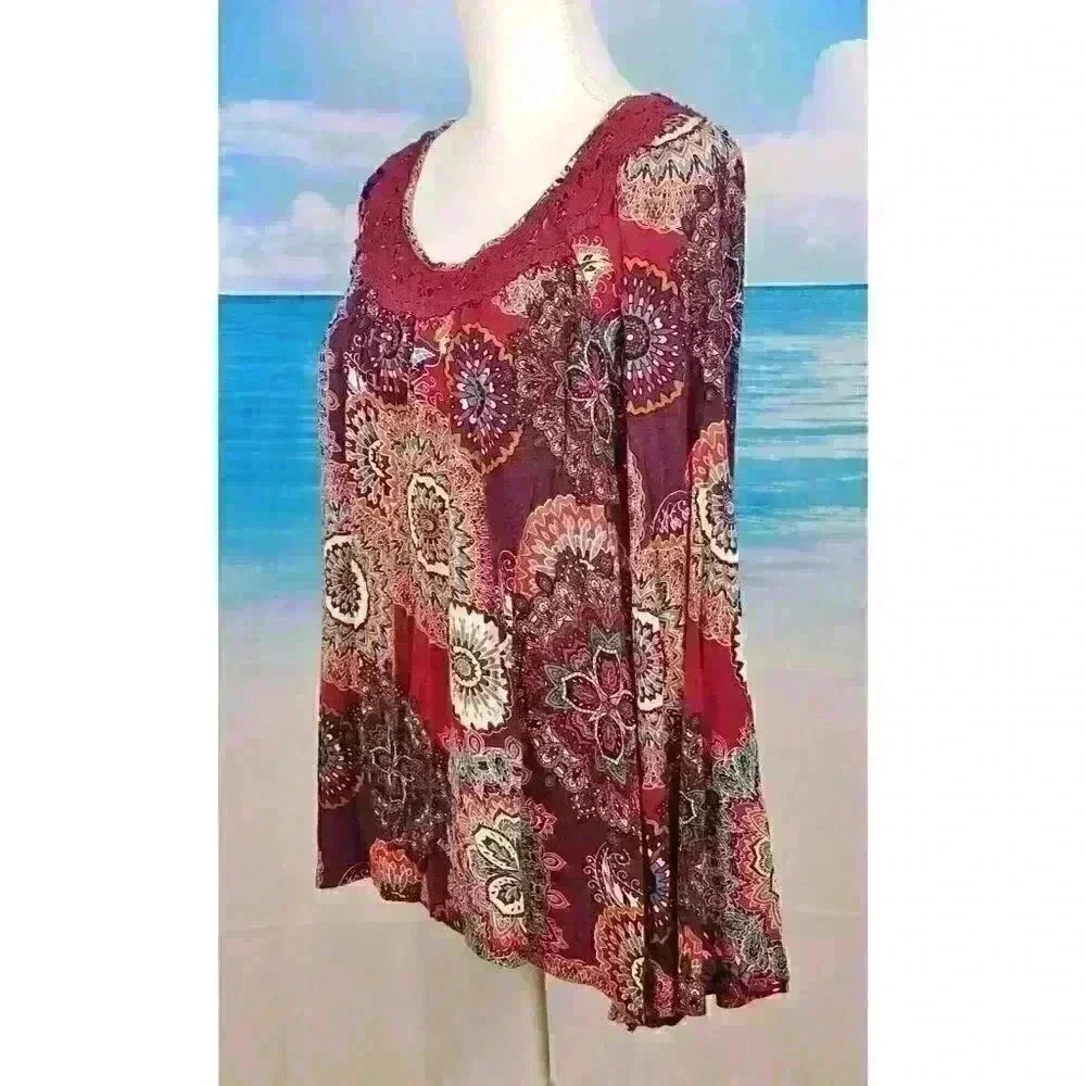 ENERGE' Womans CRANBERRY BURGUNDY Shirt LONG Sleeves Top Crotchet Neck size Med - Picture 3 of 6